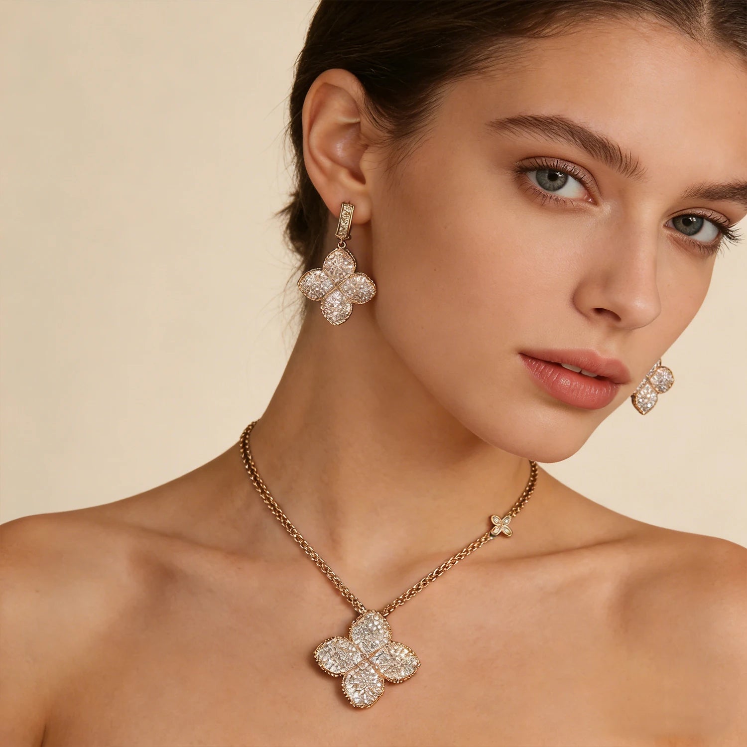 Gold Plated Iced Out Four Leaf Clover Necklace Earrings Set for Women, Luxury Full Pave CZ Quatrefoil Pendant Statement Jewelry,