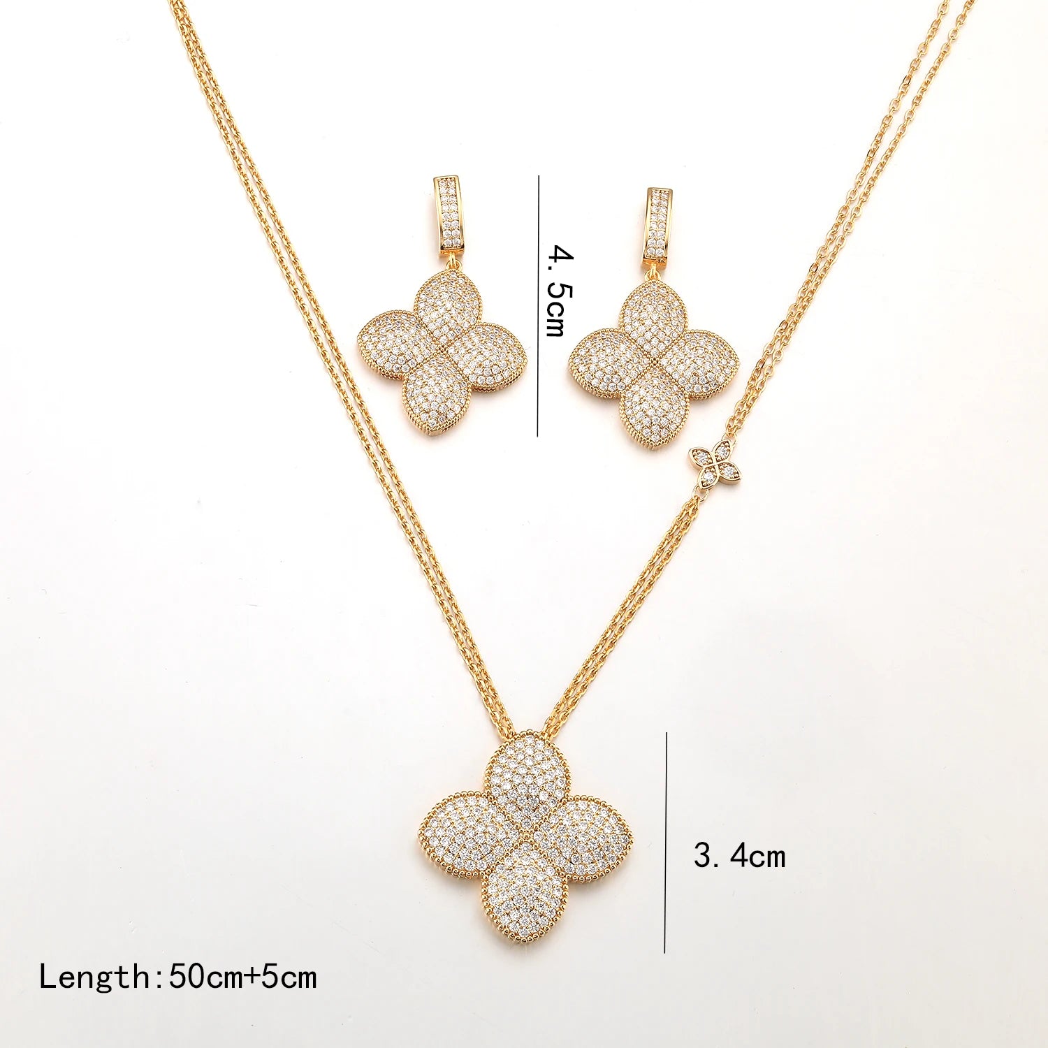 Gold Plated Iced Out Four Leaf Clover Necklace Earrings Set for Women, Luxury Full Pave CZ Quatrefoil Pendant Statement Jewelry,