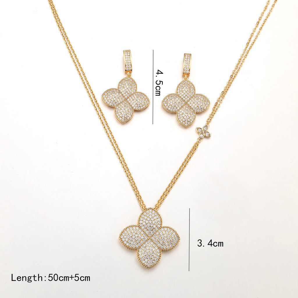 Gold Plated Iced Out Four Leaf Clover Necklace Earrings Set for Women, Luxury Full Pave CZ Quatrefoil Pendant Statement Jewelry,