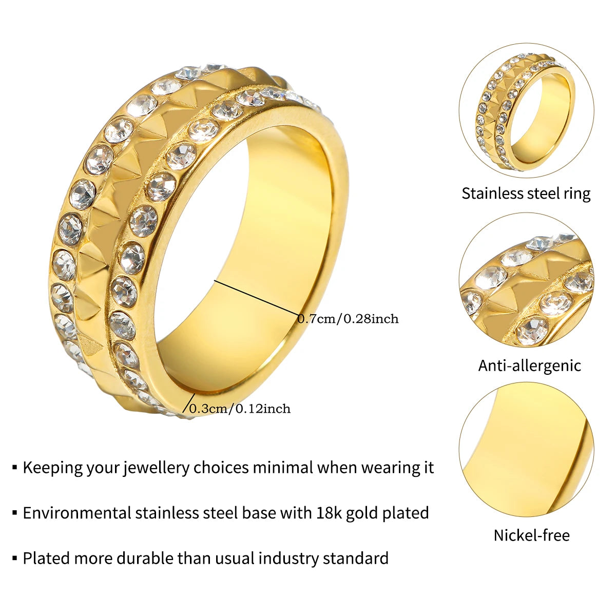 Zircon Inlaid Waterproof Stainless Steel Ring