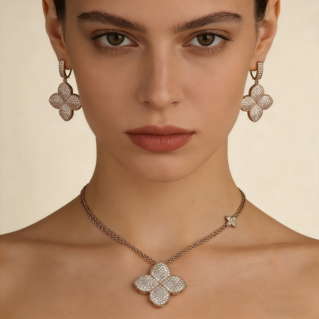 Gold Plated Iced Out Four Leaf Clover Necklace Earrings Set for Women, Luxury Full Pave CZ Quatrefoil Pendant Statement Jewelry,