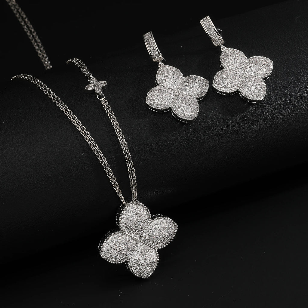 Gold Plated Iced Out Four Leaf Clover Necklace Earrings Set for Women, Luxury Full Pave CZ Quatrefoil Pendant Statement Jewelry,
