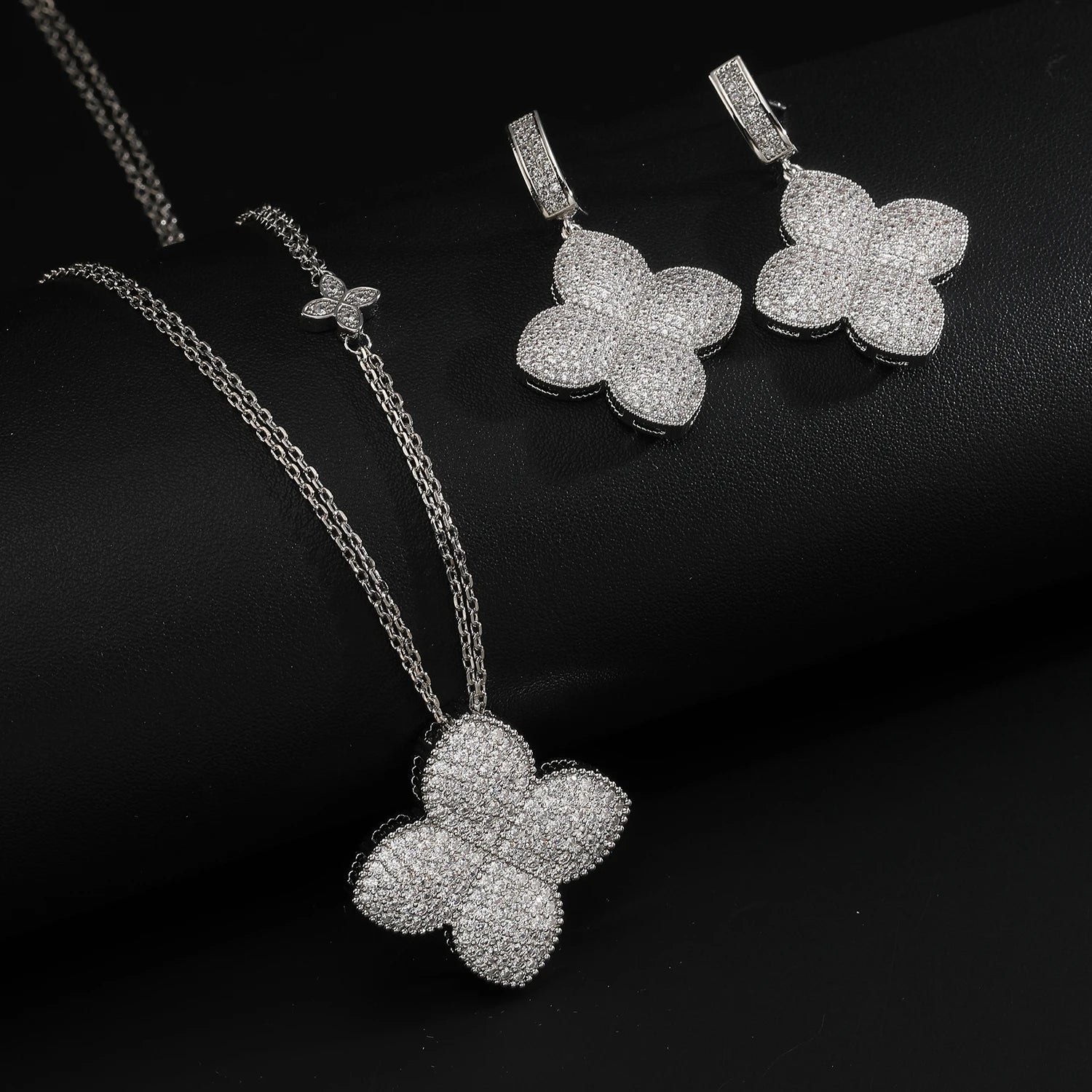 Gold Plated Iced Out Four Leaf Clover Necklace Earrings Set for Women, Luxury Full Pave CZ Quatrefoil Pendant Statement Jewelry,