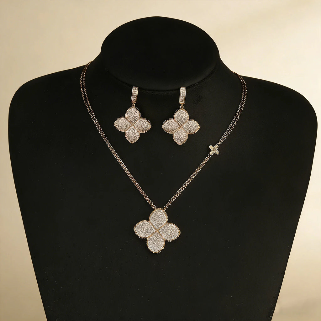 Gold Plated Iced Out Four Leaf Clover Necklace Earrings Set for Women, Luxury Full Pave CZ Quatrefoil Pendant Statement Jewelry,