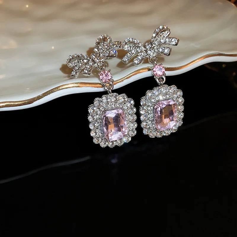Inlaid Rhinestone Necklace Earrings Two Pcs Set Zircon Square Bow Jewelry Sets Light Luxury Fashion High Sense Accessories Gifts