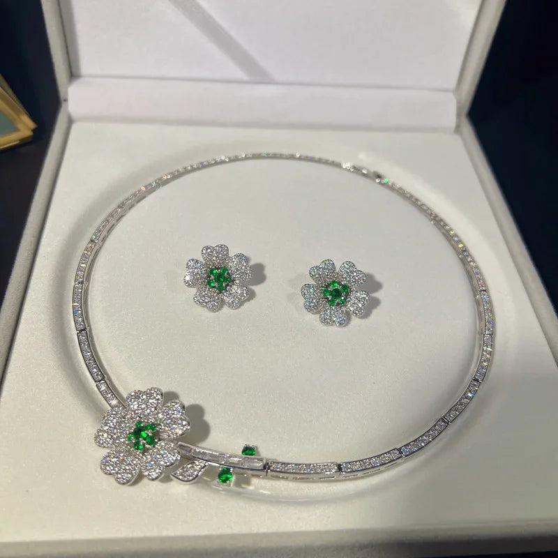 Delicate Noble Flower Lab Emerald Zirconia Jewelry Sets for Ladies 925 Silver Color Gorgeous Bridal Banquet Necklace Earrings