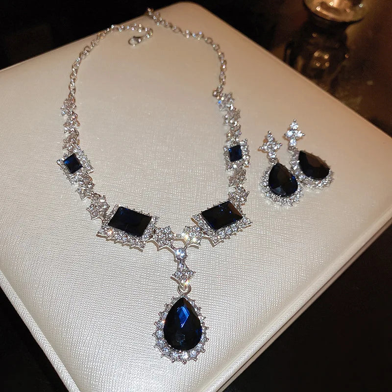 Inlaid Rhinestone Necklace Earrings Two Pcs Set Zircon Square Bow Jewelry Sets Light Luxury Fashion High Sense Accessories Gifts