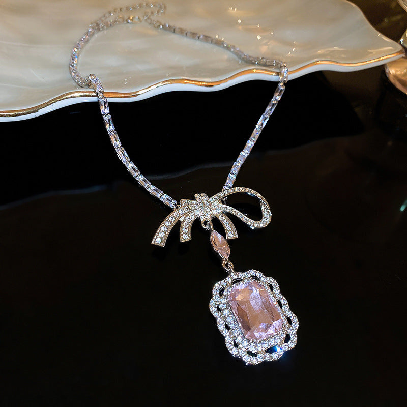 Inlaid Rhinestone Necklace Earrings Two Pcs Set Zircon Square Bow Jewelry Sets Light Luxury Fashion High Sense Accessories Gifts