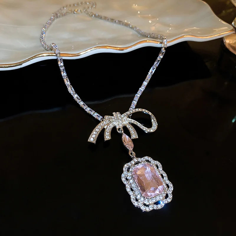 Inlaid Rhinestone Necklace Earrings Two Pcs Set Zircon Square Bow Jewelry Sets Light Luxury Fashion High Sense Accessories Gifts