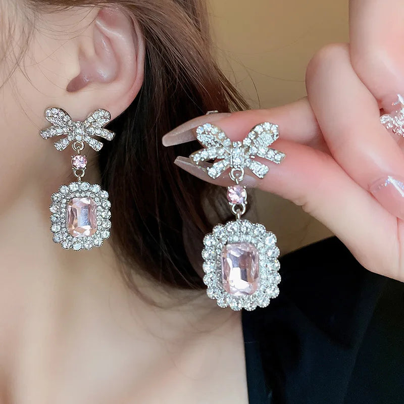 Inlaid Rhinestone Necklace Earrings Two Pcs Set Zircon Square Bow Jewelry Sets Light Luxury Fashion High Sense Accessories Gifts