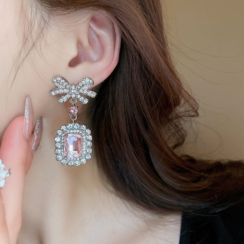 Inlaid Rhinestone Necklace Earrings Two Pcs Set Zircon Square Bow Jewelry Sets Light Luxury Fashion High Sense Accessories Gifts