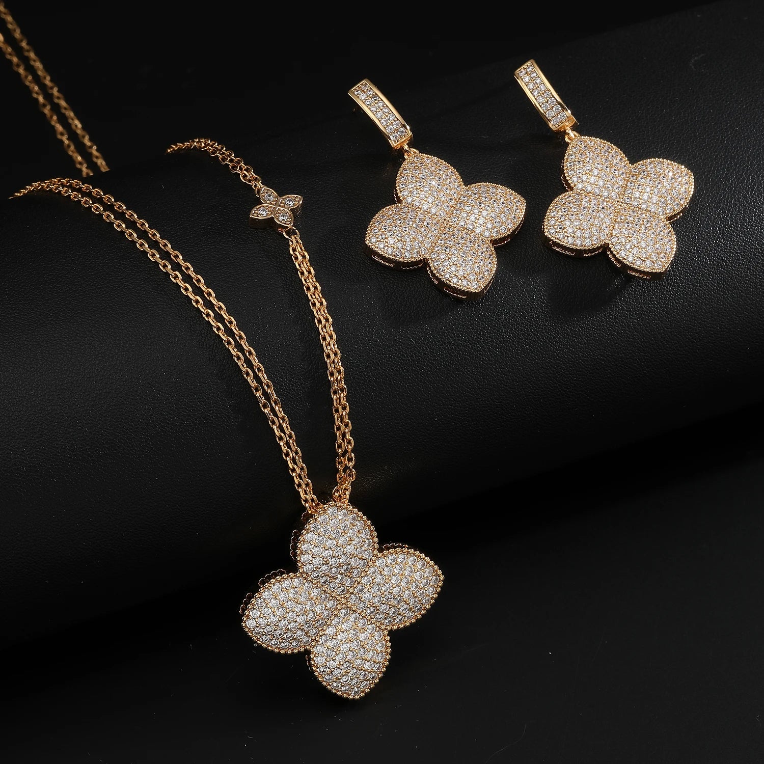 Gold Plated Iced Out Four Leaf Clover Necklace Earrings Set for Women, Luxury Full Pave CZ Quatrefoil Pendant Statement Jewelry,