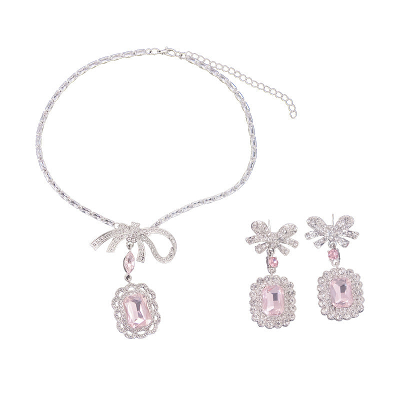 Inlaid Rhinestone Necklace Earrings Two Pcs Set Zircon Square Bow Jewelry Sets Light Luxury Fashion High Sense Accessories Gifts