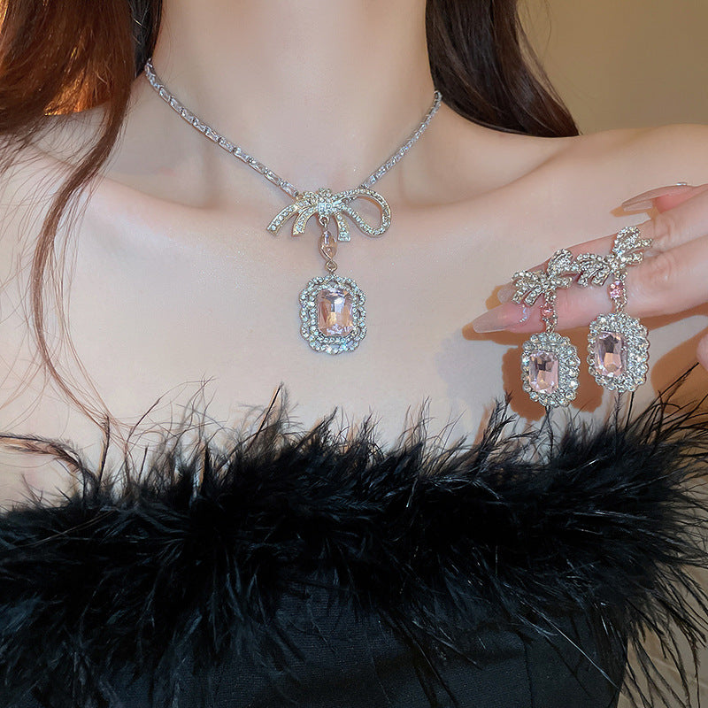 Inlaid Rhinestone Necklace Earrings Two Pcs Set Zircon Square Bow Jewelry Sets Light Luxury Fashion High Sense Accessories Gifts