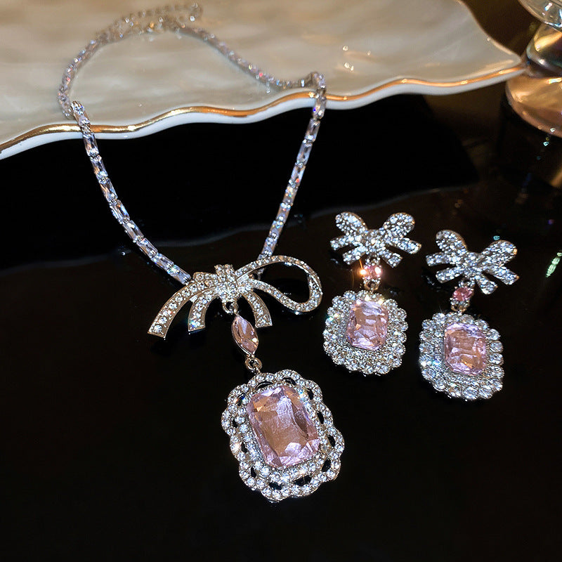 Inlaid Rhinestone Necklace Earrings Two Pcs Set Zircon Square Bow Jewelry Sets Light Luxury Fashion High Sense Accessories Gifts